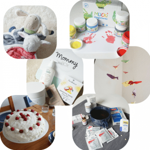 Collage mit Schnuffeltüchern, Fingerfarbe, Mbile für Baby, Raffaellotorte Mommy Box und Homöopathie in der Schwangerschaft