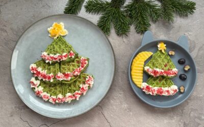 Weihnachtsrezept für Kinder: Tannenbaum mit grünen Waffeln, Sahne und zuckerfreien Streuseln